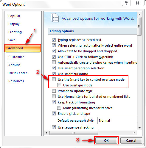 Cách Tắt/mở chức năng ghi đè của phím Insert trong Word 2