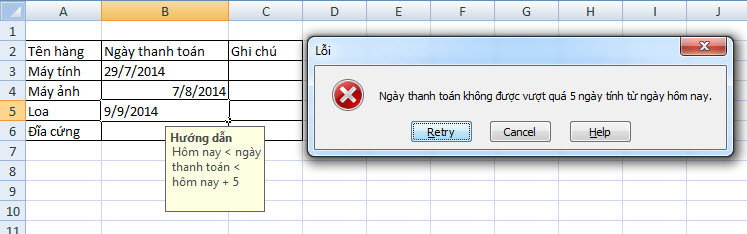 Cách kiểm tra ngày nhập vào trong excel