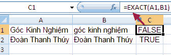 Cách dùng hàm EXACT trong excel để so sánh 2 chuỗi văn bản