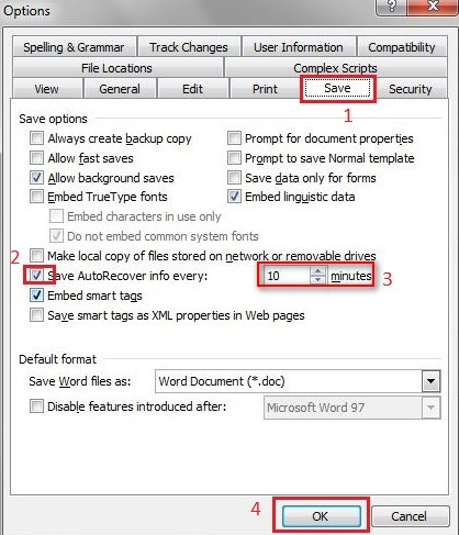 Thiết lập thời gian tự động lưu văn bản trên word - Save AutoRecover