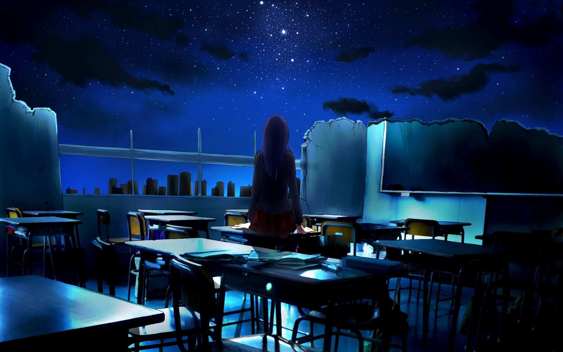 hình nền anime cô gái cô đơn trong lớp học