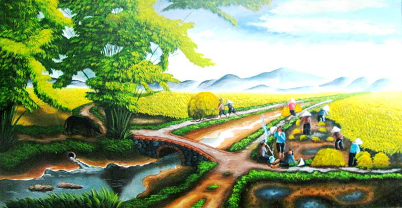 tranh phong cảnh làng quê mùa lúa chín
