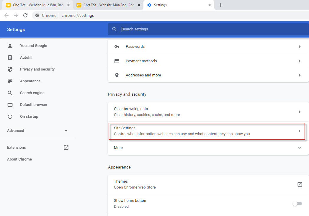 site settings trên chrome