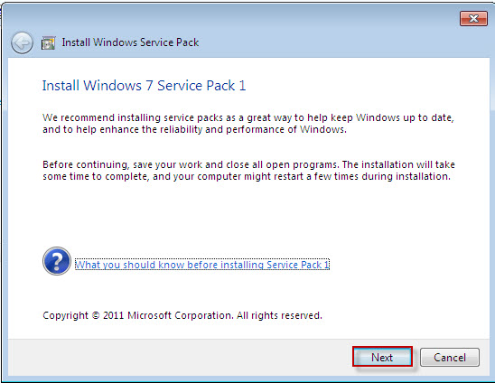 windows 7 service pack 1 is now installed dialog