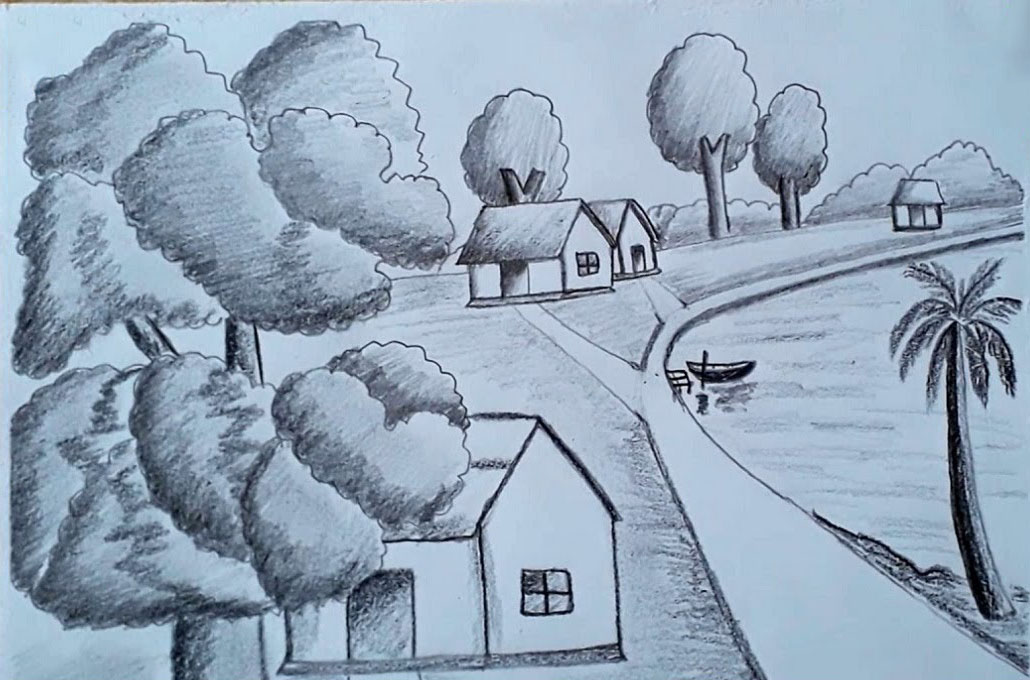 Tranh vẽ phong cảnh làng quê bằng bút chì đẹp nhất - Ảnh đẹp